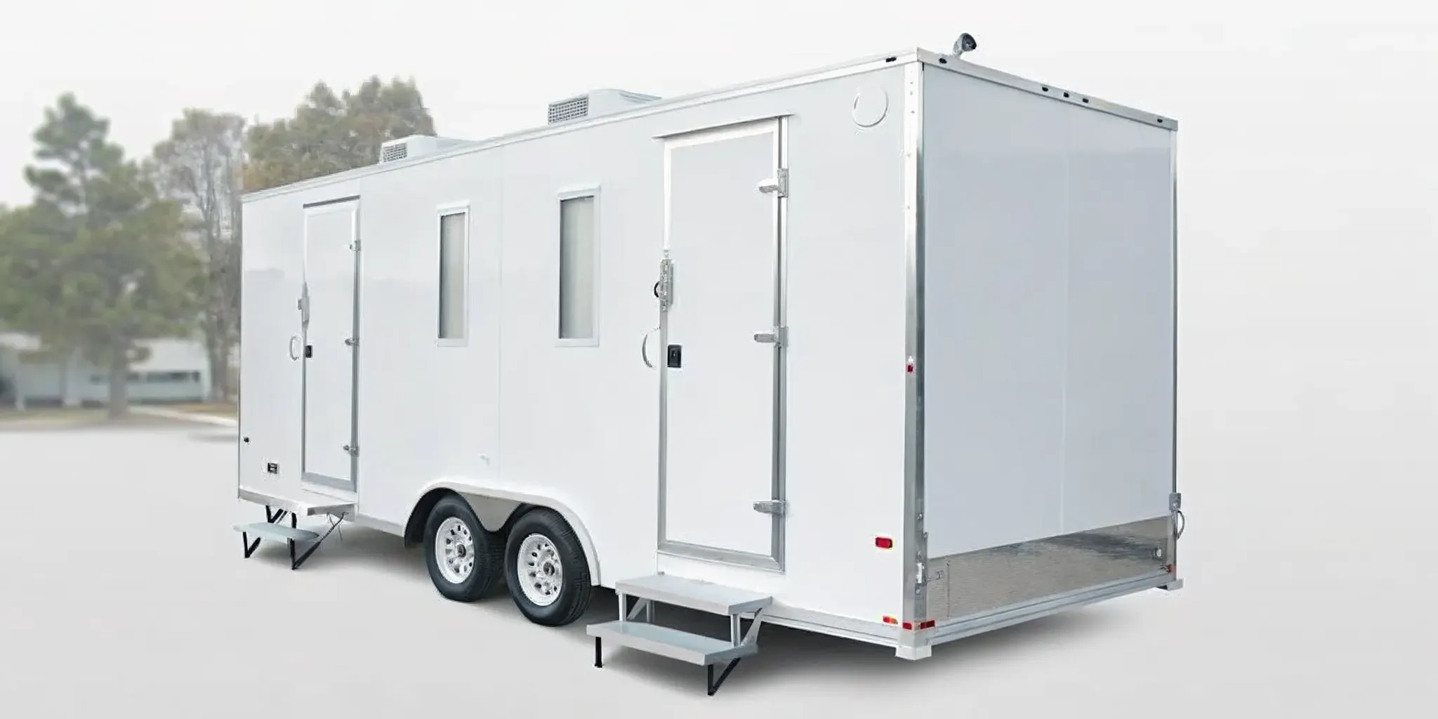 3-stall restroom trailer rental in Cary for luxury events, with climate control and dual entrances.