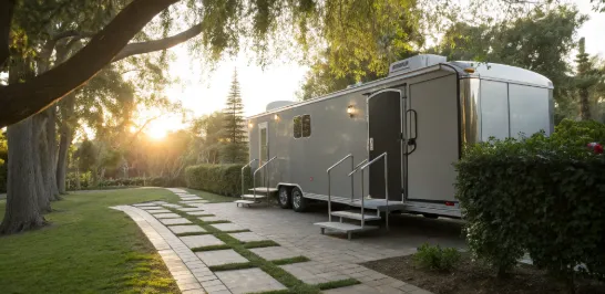 A 3 stall portable bathroom rental trailer prepared for an outdoor event.
