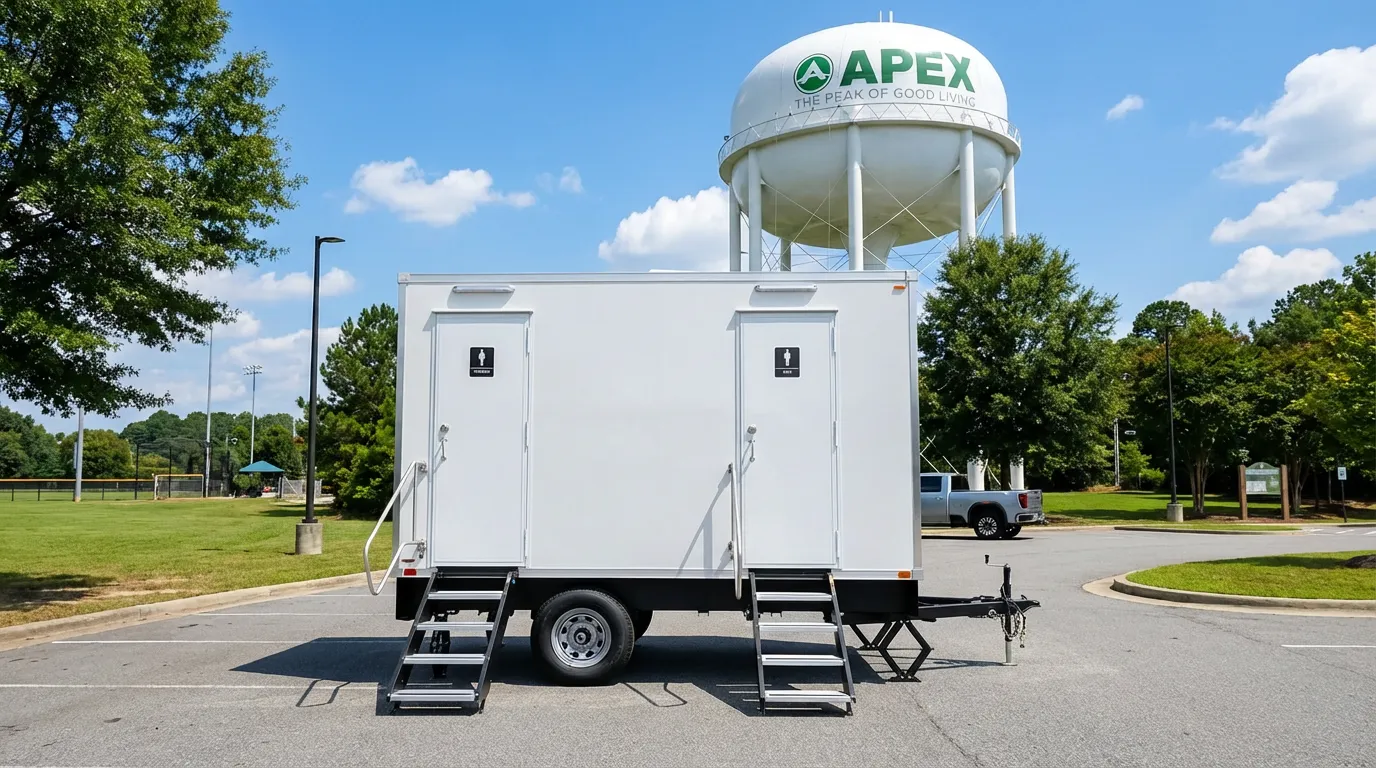 Luxury restroom trailer rental delivered for an event in Apex, North Carolina