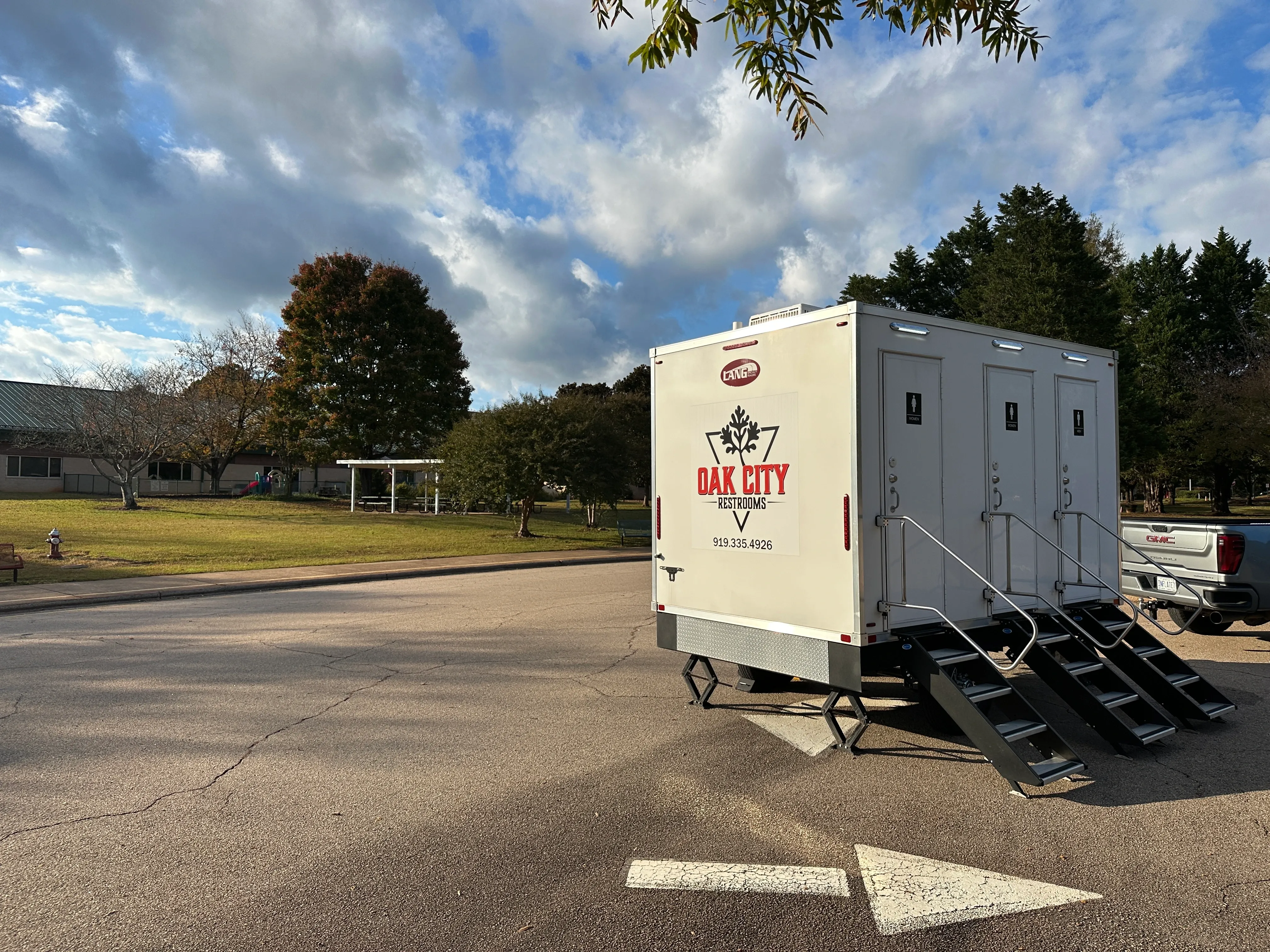 Restroom Trailer set up at a school in Apex