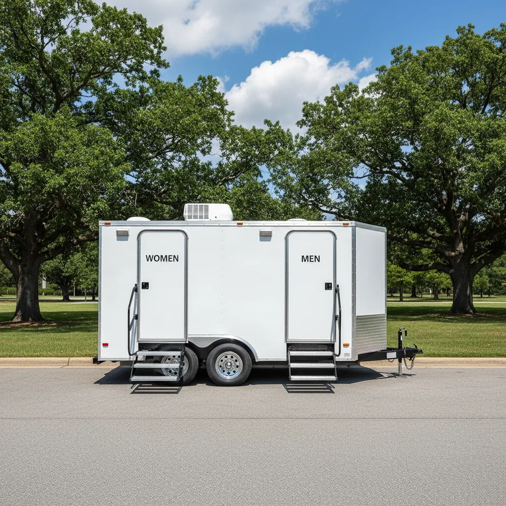 Luxury restroom trailer rental set up for an event in Burlington, North Carolina