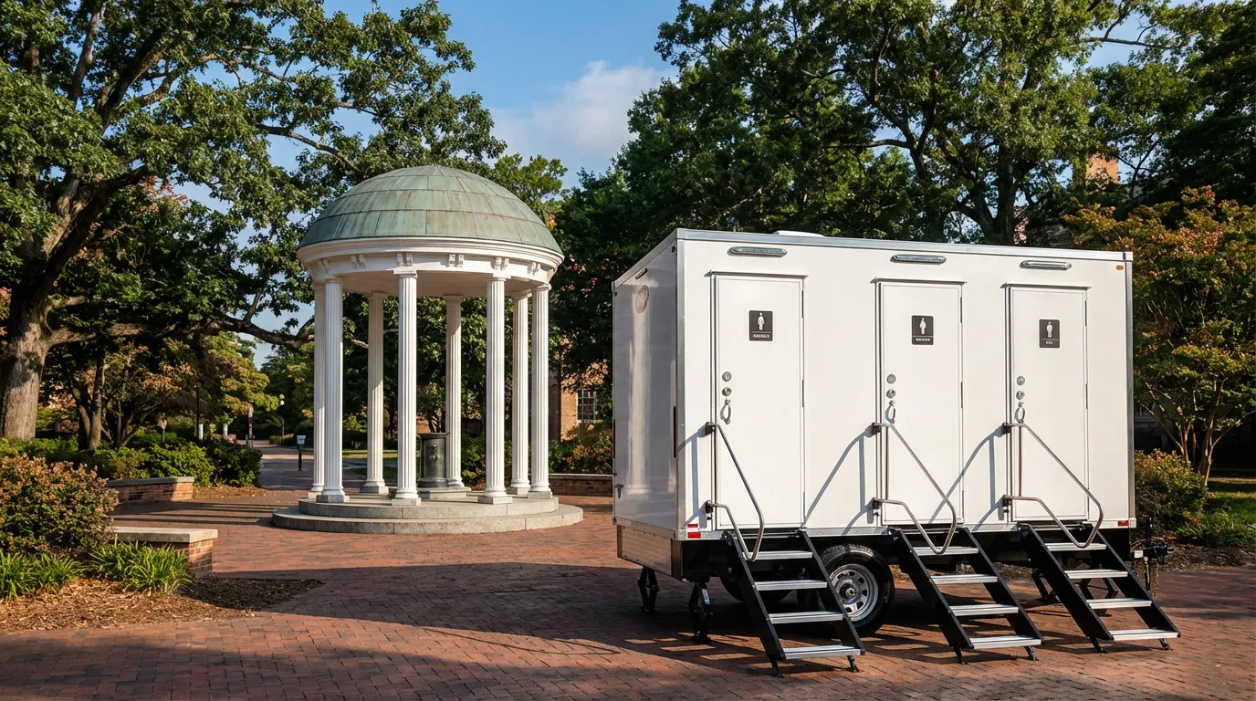 Luxury restroom trailer rental set up in Chapel Hill, North Carolina