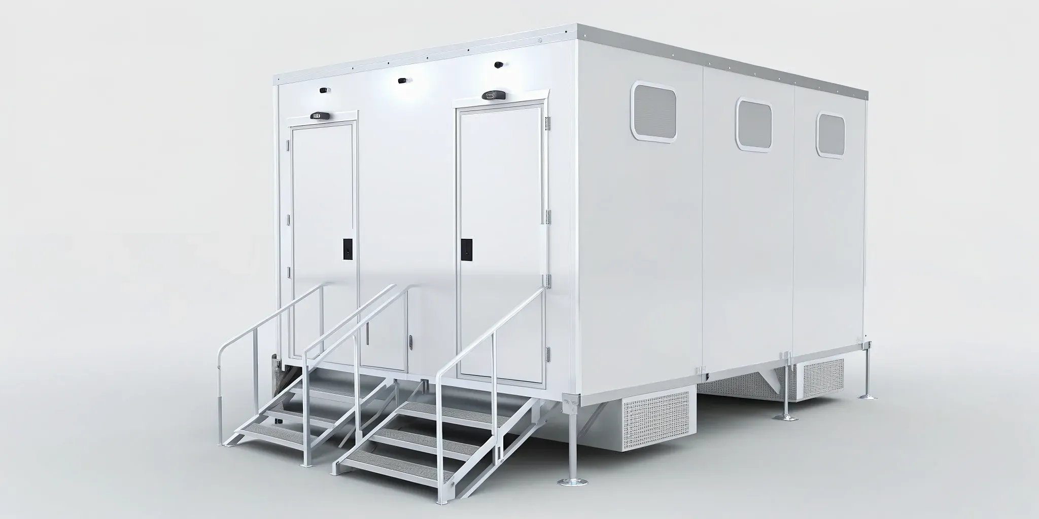 Climate controlled portable bathroom rental with dual entry doors and steps.