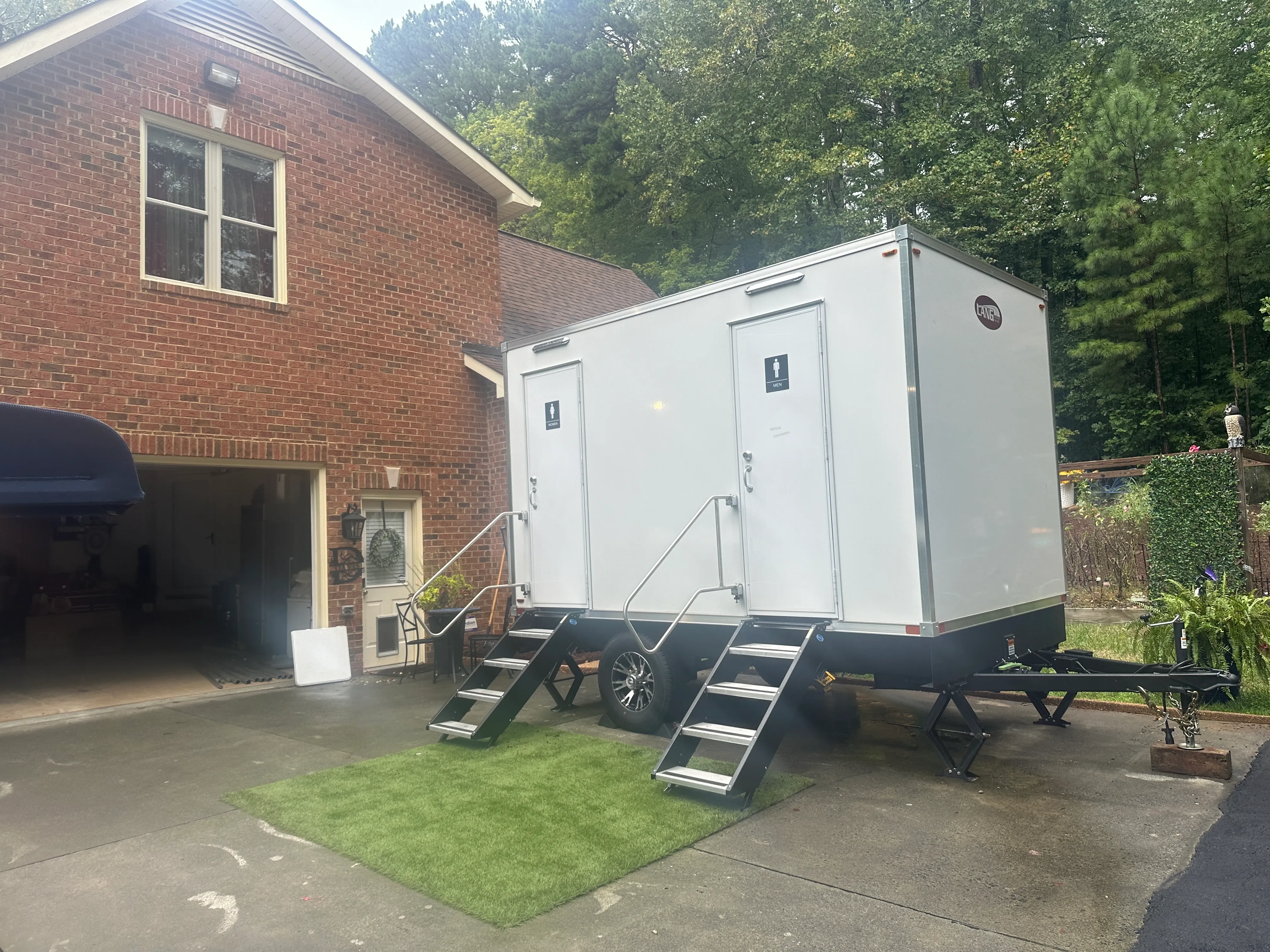 Luxury restroom trailer setup at house in Durham