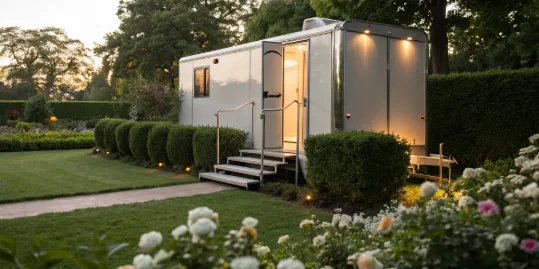 Executive portable restrooms trailer with lighted steps set up for a luxury outdoor event.