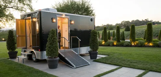A fancy porta potty rental trailer, a luxury option that influences the final rental cost.