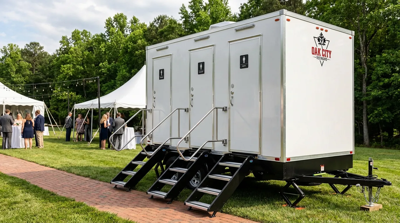 Luxury restroom trailer rental set up in Fayetteville, North Carolina