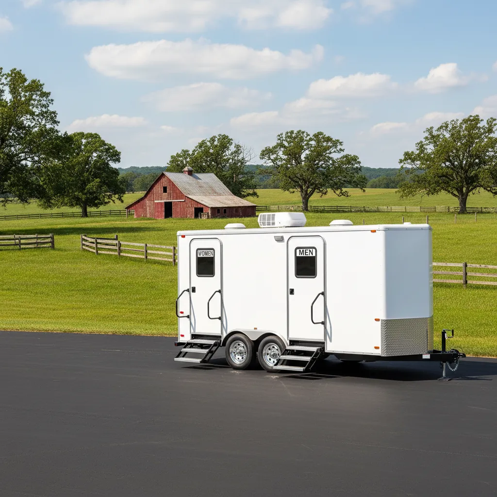 Luxury restroom trailer rental set up for an event in Fuquay-Varina, North Carolina