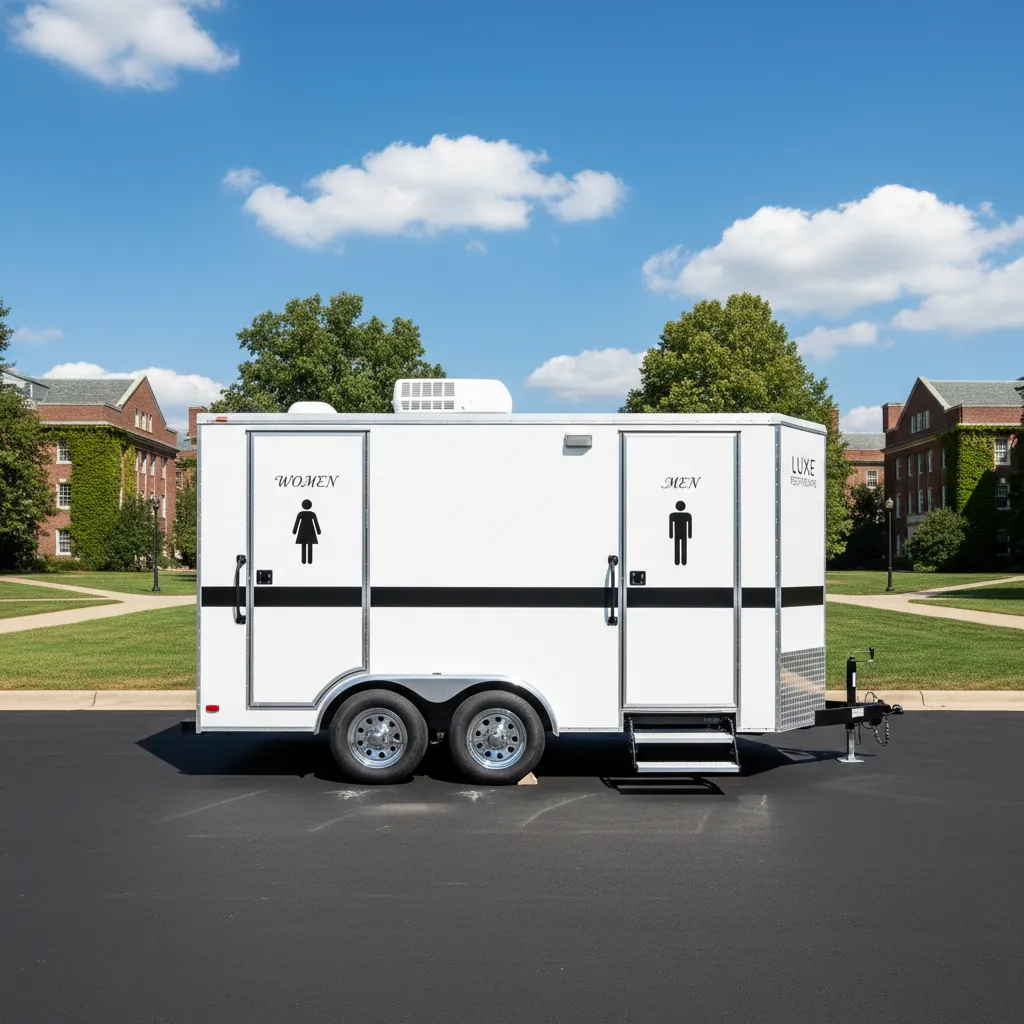 Luxury restroom trailer rental set up for an event in Greenville, North Carolina