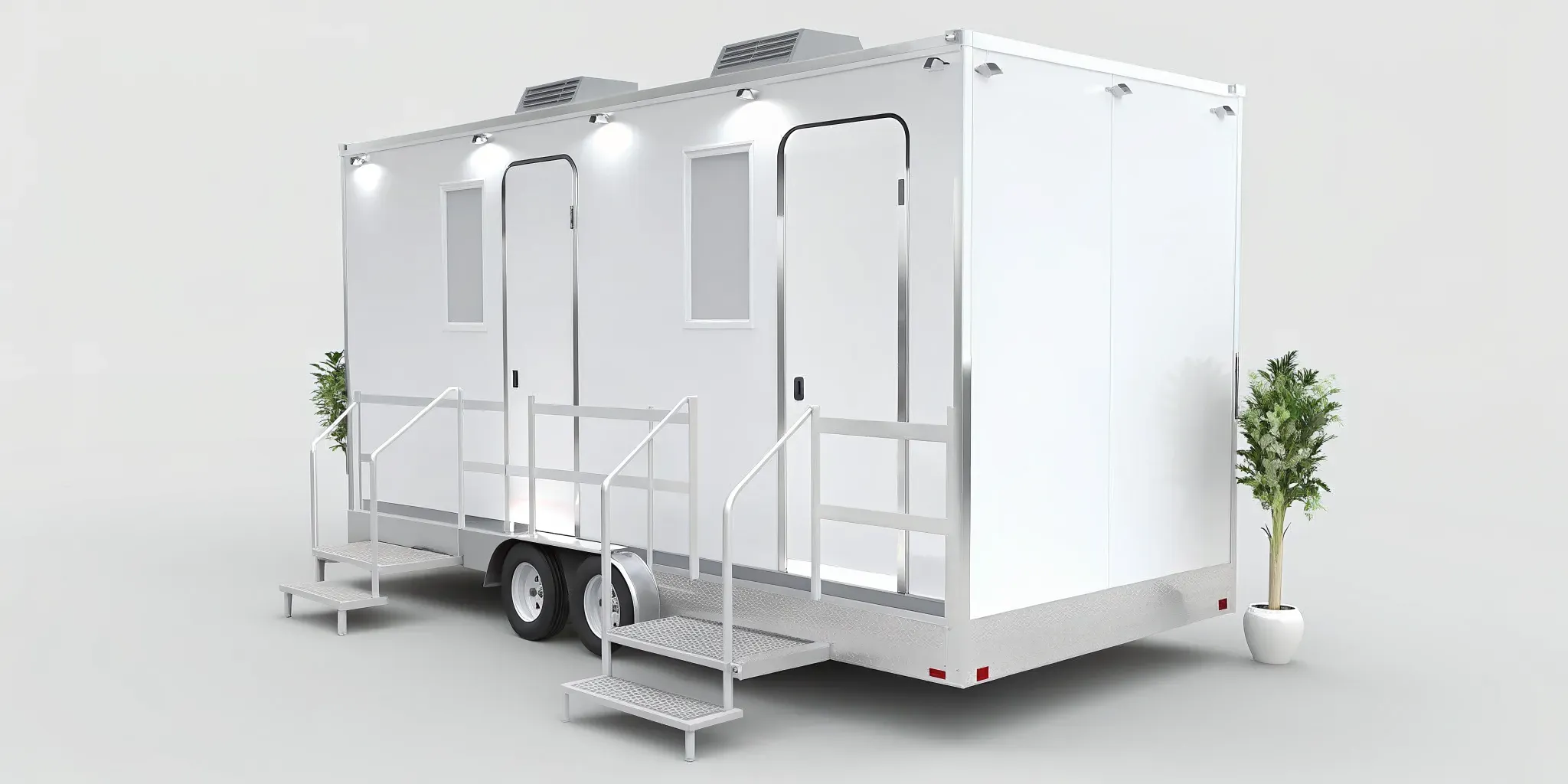 A high end portable restroom trailer with a modern design and dual entry doors in Asheboro, NC.
