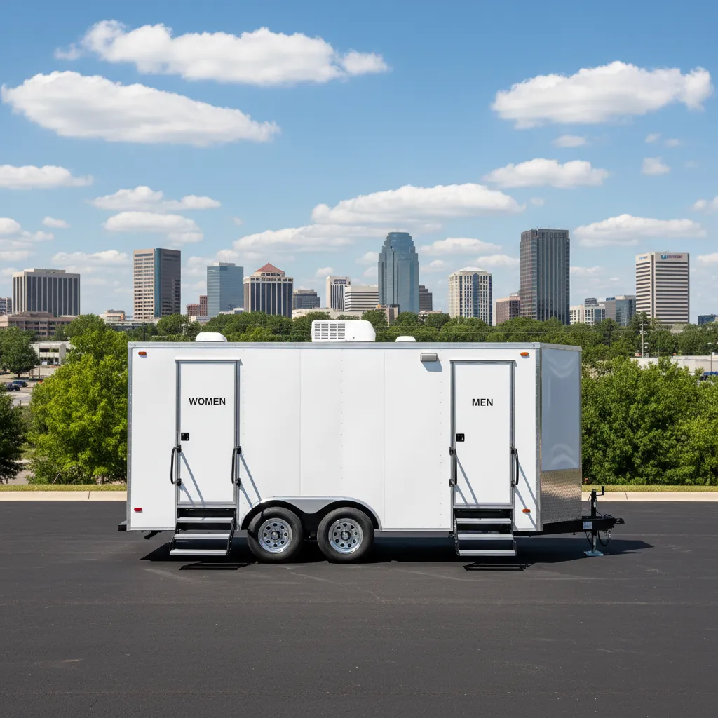Luxury restroom trailer rental set up for an event in High Point, North Carolina