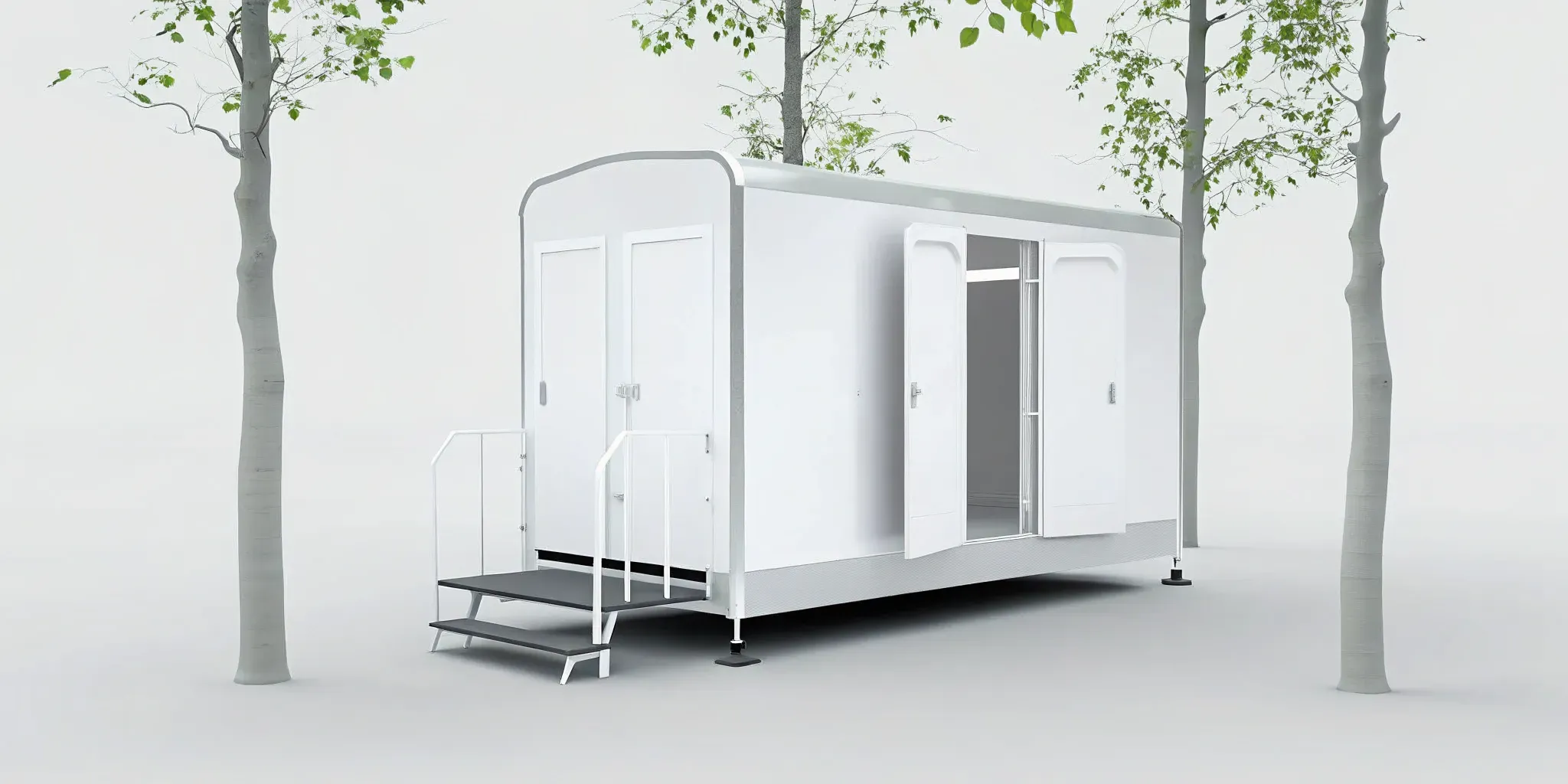 A modern 3-stall restroom trailer with open doors, which can handle 75 to 200 guests.