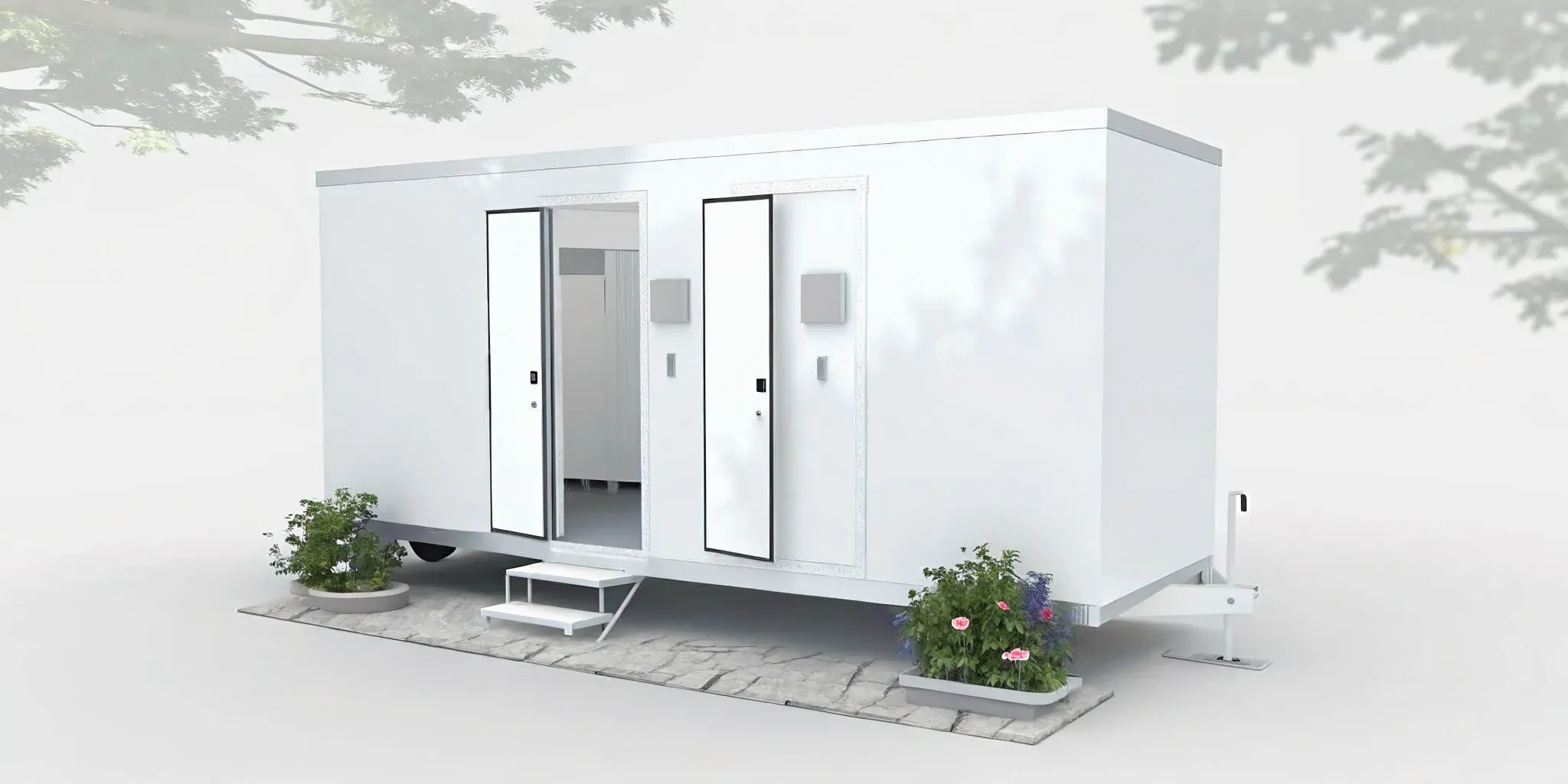 A 4-stall restroom trailer that can serve up to 350 people at weddings and large events.