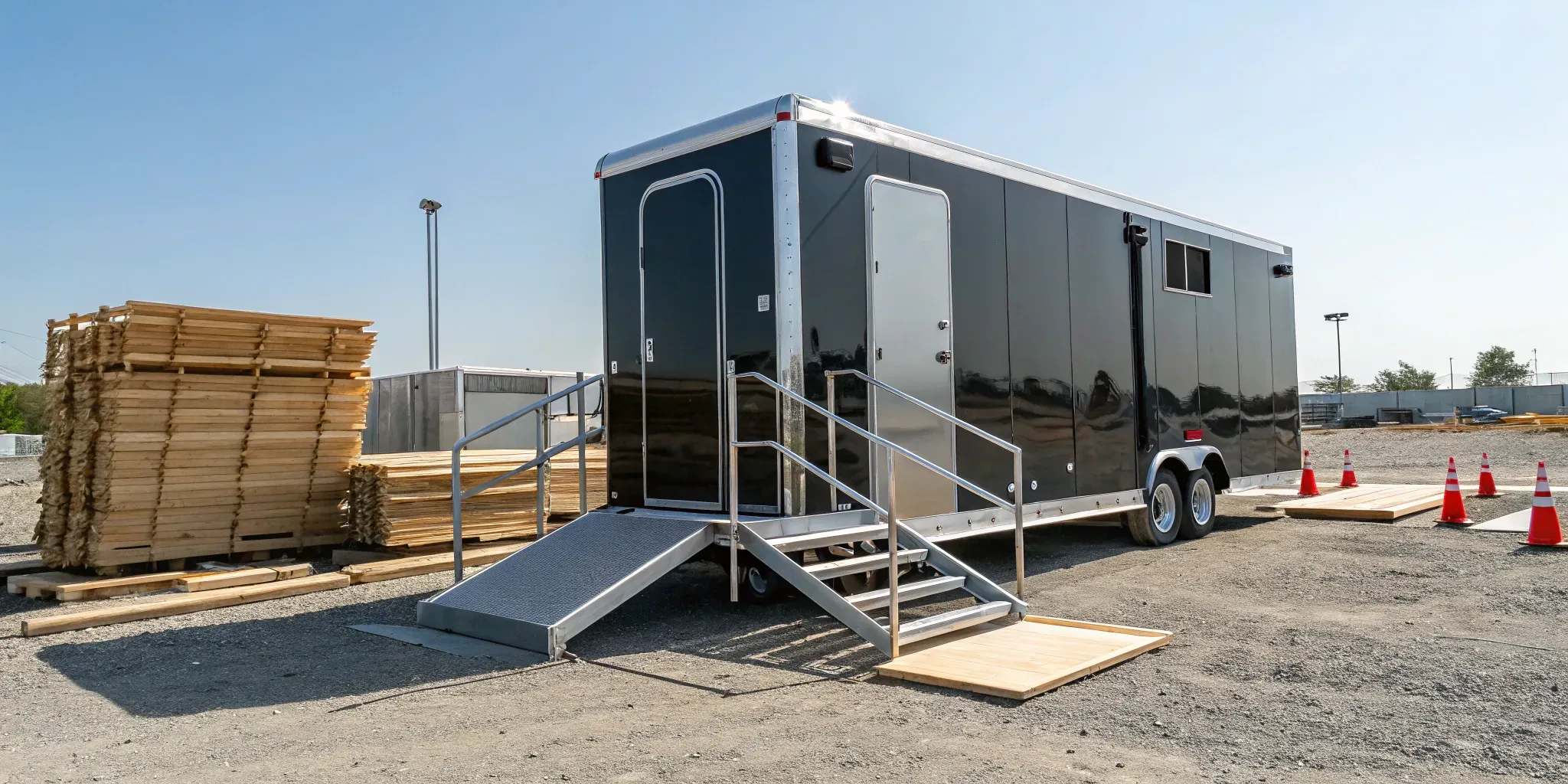 Cost to rent a bathroom trailer with an accessibility ramp for a construction site.