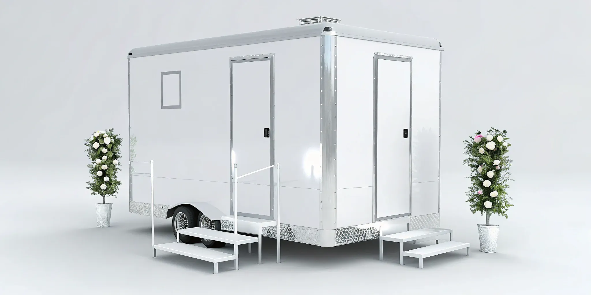 A portable restroom trailer with dual doors and steps, ready to rent for a month.
