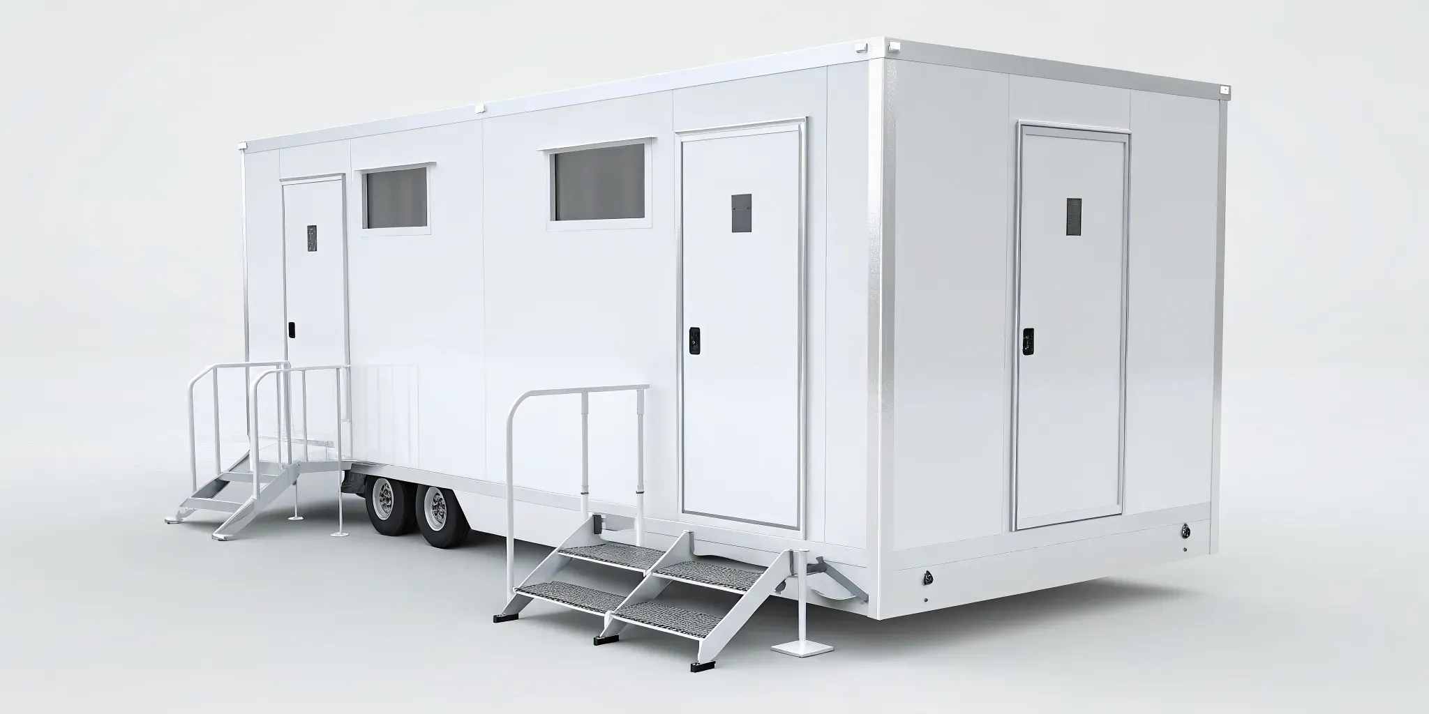 A 3-stall construction site bathroom trailer with steps for rent in Wilmington, NC.