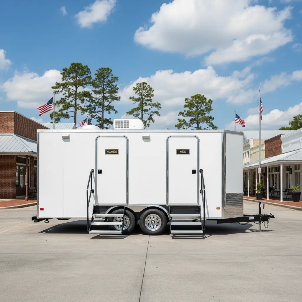 Luxury restroom trailer rental set up for an event in Jacksonville, North Carolina