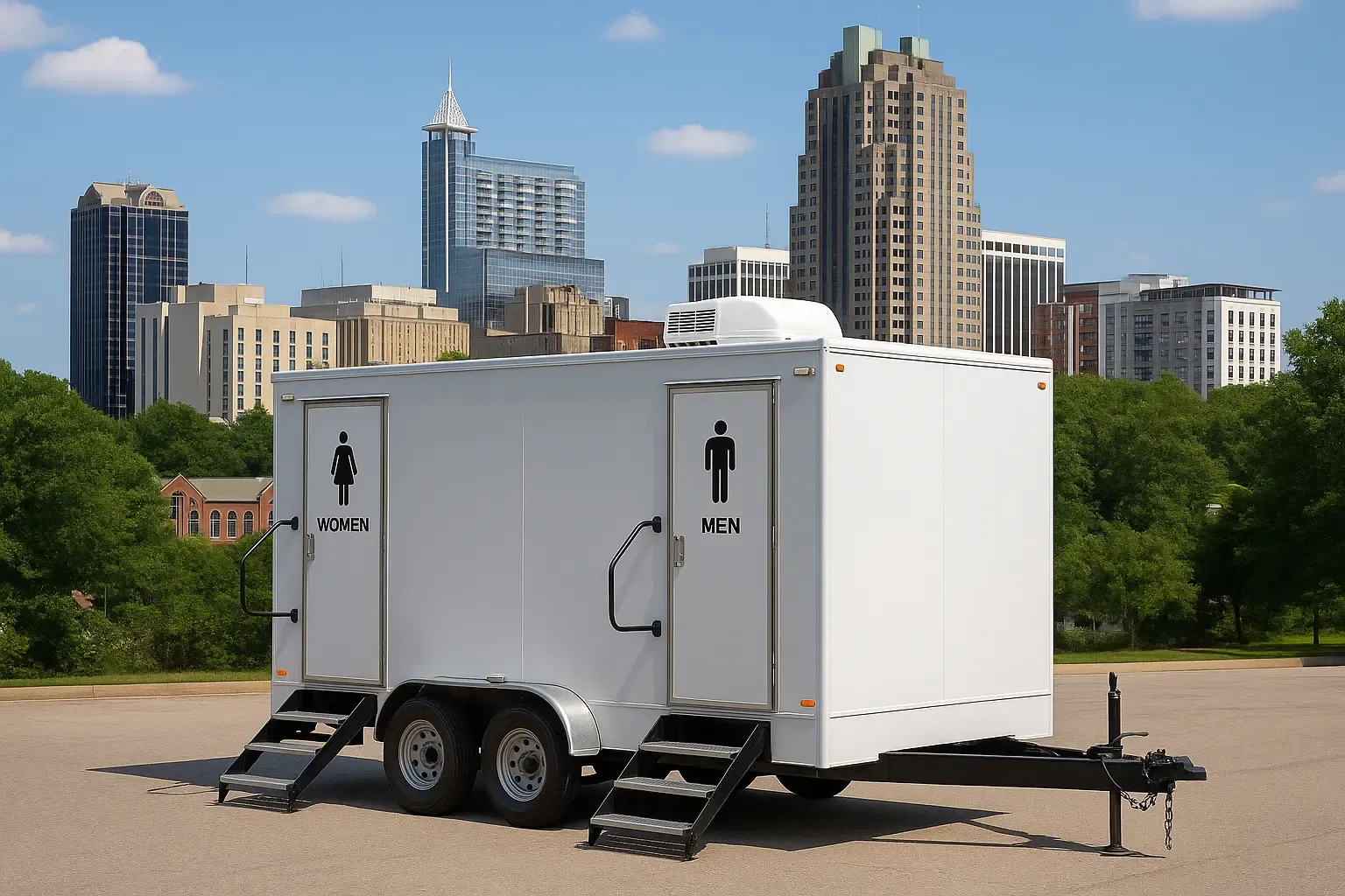 Luxury restroom trailer rental parked with backdrop of Raleigh