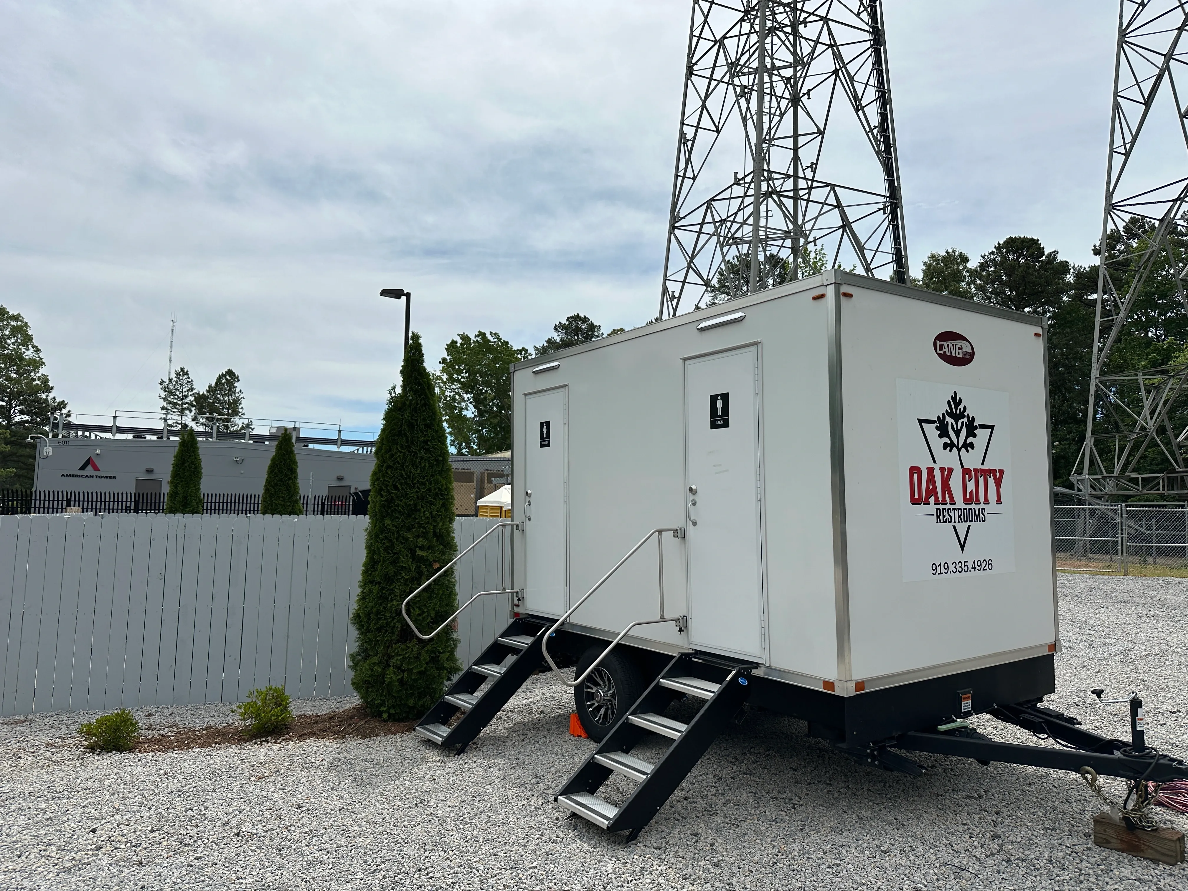 Restroom Trailer set up at a business in Raleigh