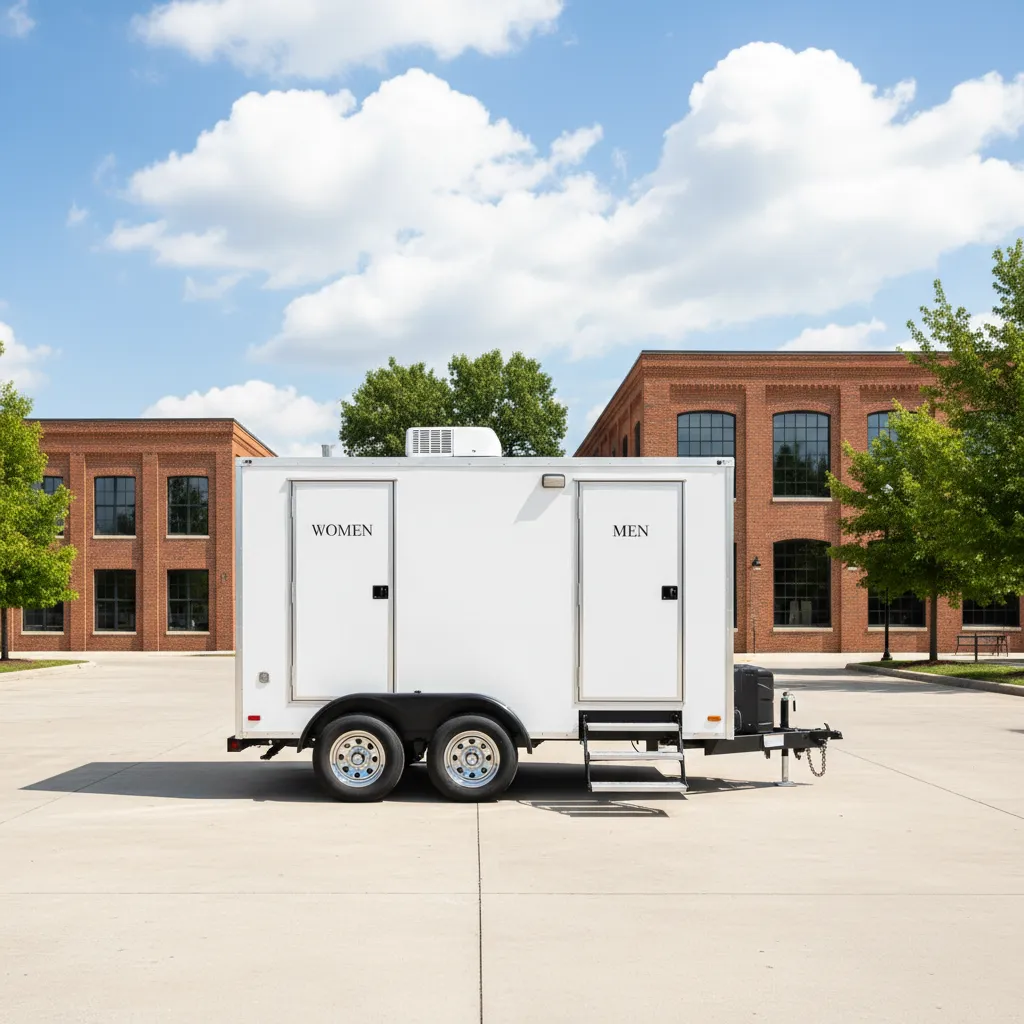 Luxury restroom trailer rental set up for an event in Rocky Mount, North Carolina