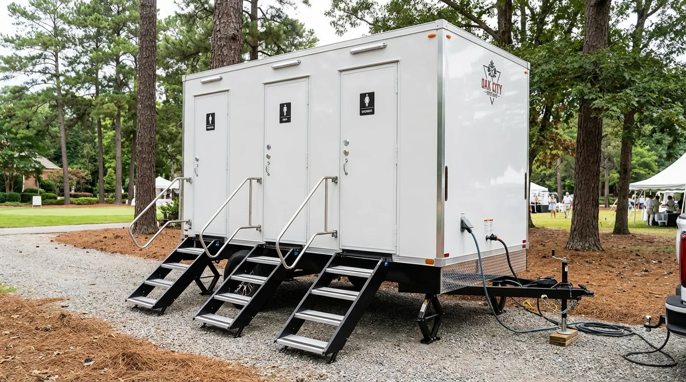 Luxury restroom trailer rental set up in Wake Forest, North Carolina