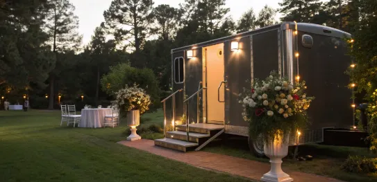 A luxury restroom trailer providing the right size and amenities for 200 event guests.