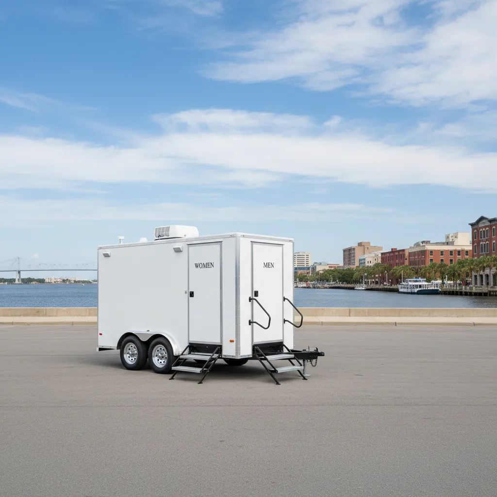 Luxury restroom trailer rental set up for an event in Wilmington, North Carolina