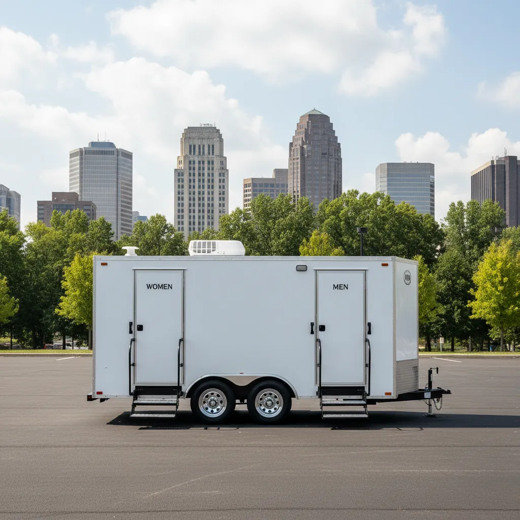 Luxury restroom trailer rental set up for an event in Winston-Salem, North Carolina