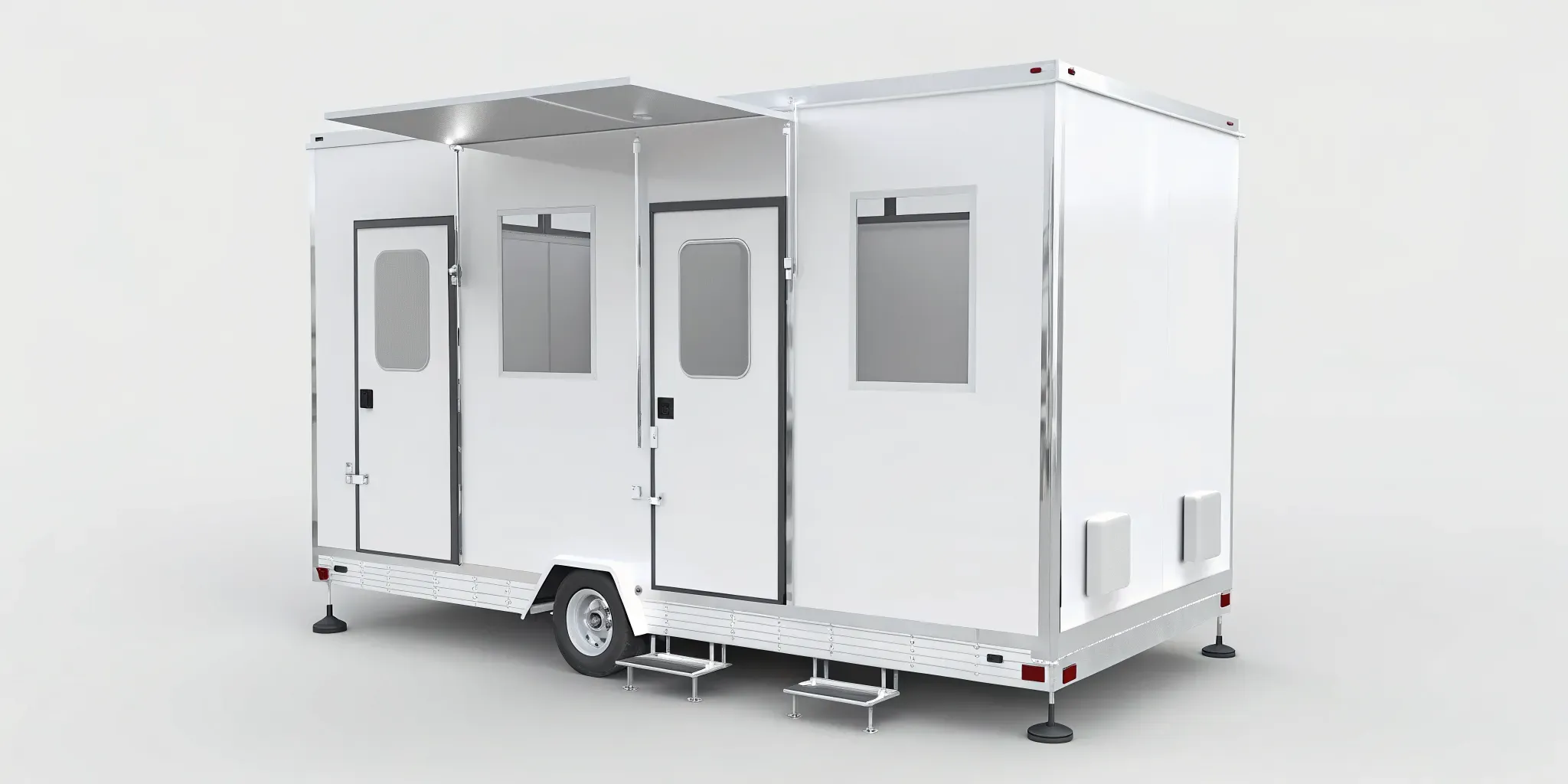A luxury portable bathroom trailer with private stalls for rent in Chapel Hill, NC.